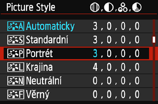 A Uživatelské nastavení charakteristik snímkun Styl Picture Style můžete upravit nastavením jednotlivých parametrů, jako jsou [Ostrost] a [Kontrast].