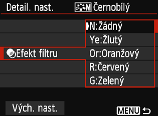 A Uživatelské nastavení charakteristik snímkun V Nastavení stylu Černobílý U položky Černobílý lze kromě parametrů [Ostrost] a [Kontrast] popsaných na předchozí straně nastavit také parametry [Efekt