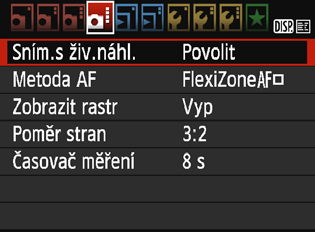 Nastavení funkcí nabídky Zobrazují se následující možnosti nabídky. Funkce, které je možné nastavit na této obrazovce nabídky, jsou platné pouze při snímání s živým náhledem.