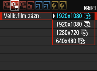 3 Nastavení velikosti filmového záznamu Možnost nabídky [Z2: Velik.film. zázn.] umožňuje vybrat velikost obrazu pro záznam filmu [****x****] a snímkovou frekvenci [9] (počet snímků zaznamenaných za sekundu).