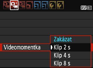 3 Snímání videomomentek Můžete snímat série krátkých filmových klipů o délce přibližně 2 s, 4 s nebo 8 s, pro které se používá označení videomomentky.