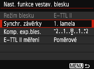 3 Nastavení bleskun [Nast. funkce vestav. blesku] a [Nastav. funkce ext. blesku] V nabídkách [Nast. funkce vestav. blesku] a [Nastav. funkce ext. blesku] lze nastavit funkce, které jsou uvedeny v následující tabulce.