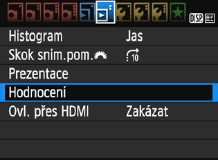 3 Nastavení hodnocení Snímky (fotografie a filmy) můžete ohodnotit jedním z pěti symbolů hodnocení: l/m/n/o/p. Tato funkce se nazývá hodnocení. 1 Vyberte položku [Hodnocení].