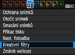 U Použití kreativních filtrů Na snímek můžete aplikovat následující kreativní filtry a poté jej uložit jako nový snímek: ČB zrnitý Měkké ostření, Efekt Rybí oko Efekt Levný fotoaparát a Efekt