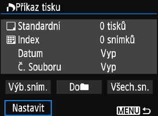 W Formát DPOF (Digital Print Order Format) Můžete nastavit druh tisku, tisk data a tisk čísla souboru. Nastavení tisku budou aplikována na všechny snímky označené k tisku.