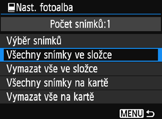 p Určení snímků pro fotoalbum Určení všech snímků ve složce nebo na kartě K použití ve fotoalbech můžete současně určit všechny snímky ve složce nebo na kartě. Pokud je položka [x1: Nast.