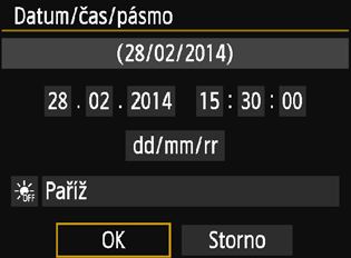 3 Nastavení data, času a časového pásma 4 5 6 Nastavte datum a čas. Stisknutím tlačítek <Y> <Z> vyberte číselnou hodnotu. Stisknutím tlačítka <0> zobrazte rámeček <a>.