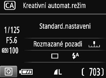 C Kreativní automatické fotografování Rychlost závěrky Clona Citlivost ISO (3) (1) (2) (4) Kontrola stavu baterie Kvalita záznamu snímků Počet možných snímků Po stisknutí tlačítka <Q> budete moci