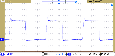 50 Obr. 3-14: Průběh napětí na řídicí elektrodě tranzistorů měniče Na Obr. 3-14 vidíme průběh napětí na řídicí elektrodě (U GS ) tranzistorů měniče.