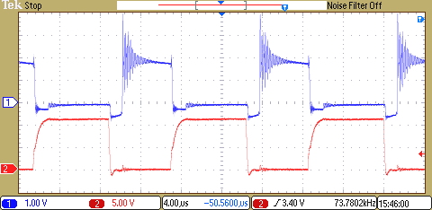 53 Obr. 3-20: Průběh napětí na proudovém bočníku (nahoře) a signál z řízení (dole) Na Obr. 3-20 vidíme průběh napětí na bočníku, který odpovídá proudu primárním vinutím transformátoru.