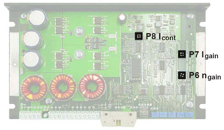 6 Dodatečné možnosti nastavení Potenciometr Funkce Pozice vlevo vpravo P6 n gain Zesílení řízení rychlosti nízké vysoké P7 I gain Zesílení řízení proudu nízké vysoké P8 I cont Omezení trvalého proudu