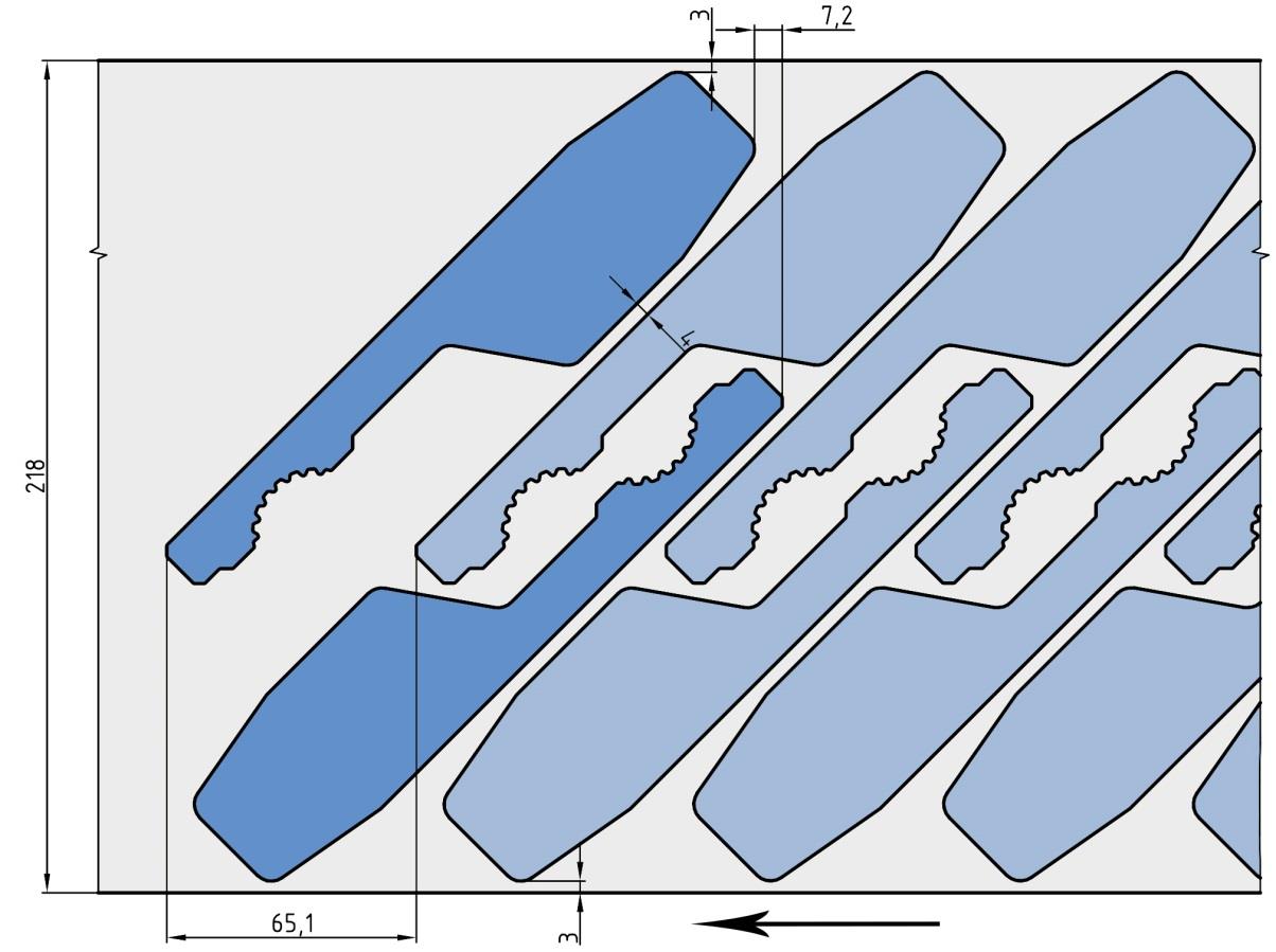 Varianta B Navržené rozložení výstřižků na pásu plechu pro variantu B uvádí obr. 4.6. V jednom pracovním zdvihu lisu budou vystřiženy dvě součásti.