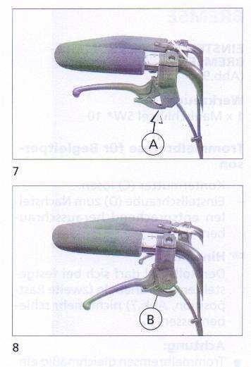 ZAJIŠTÉNÍ BUBNOVÝCH BRZD - K zajištění proti nechtěnému rozjezdu obě brzdové páčky rovnoměrně přitáhněte. - Přitlačte plochu (A,obr.7) západky. - Pusťte páčku brzdy.