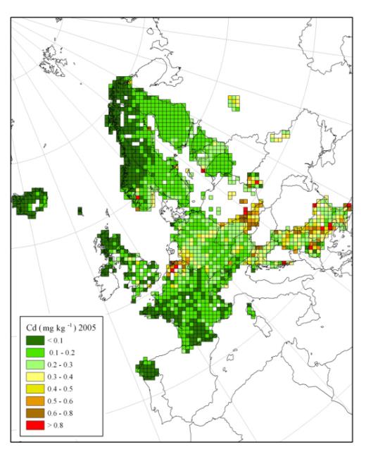 Změny obsahu Cd v mechu v Evropě (1990 2010) Grid 50 50 km