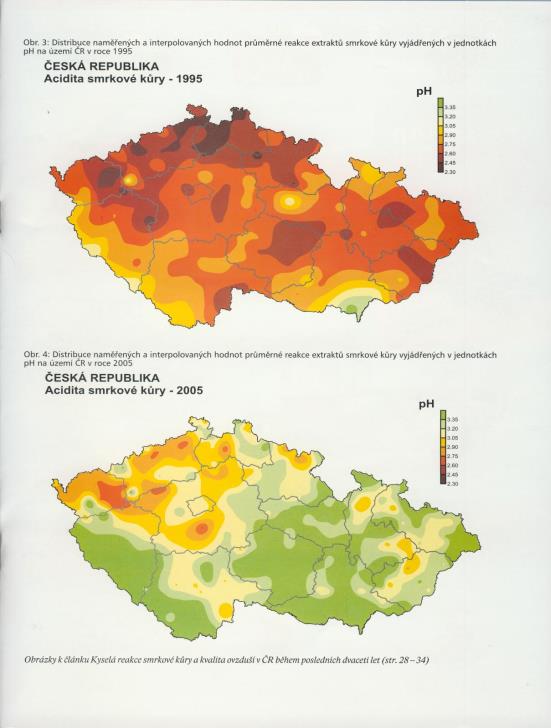 Kůra stromů indikátor průměrné úrovně epozice ph-h 2 O: 1995 2005 -Mrtvé pletivo v kontaktu s atmosférou a stokem po kmeni - Velká absorpční i adsorpční kapacita smrk > dub >