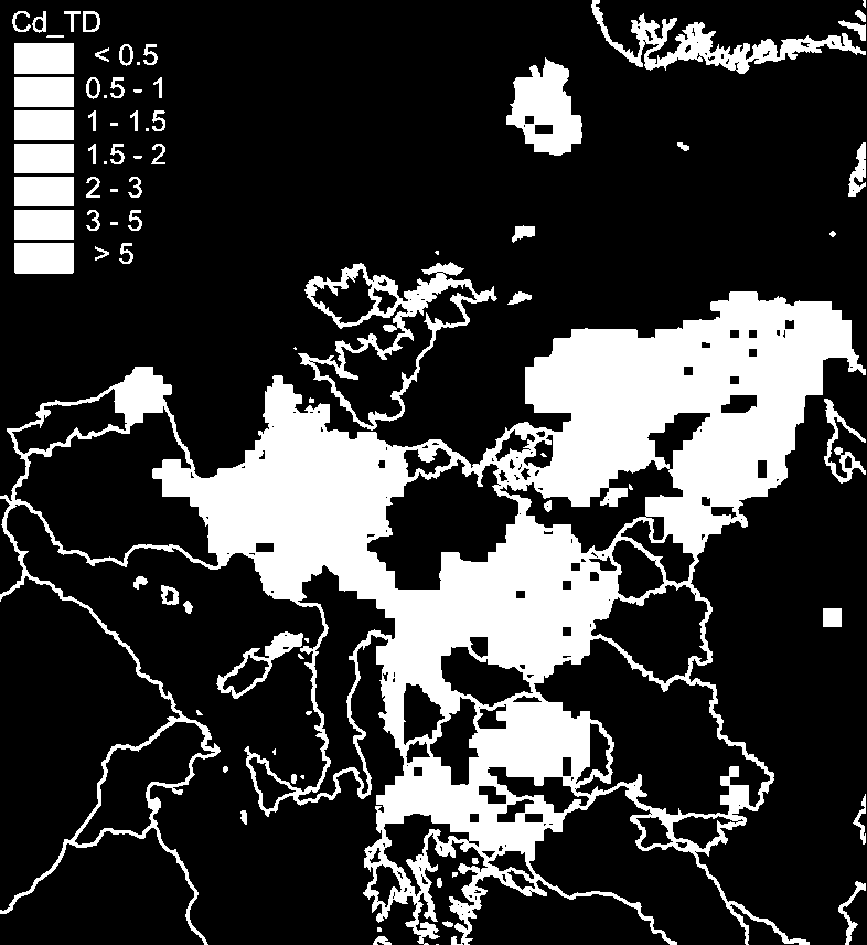 ČR - dobrá shoda biomonitorovaných spadů s daty EMEP Regrese pro čtverce EMEP 50 50 km: prům. konc. Cd v mechu z lokalit uvnitř čtverce vs.