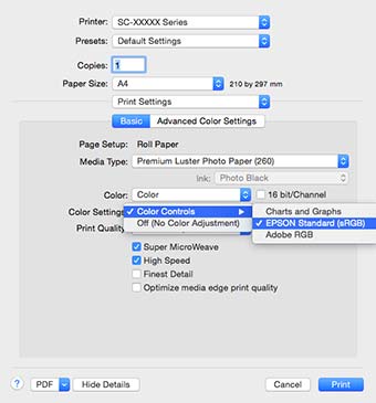 Možnosti tisku Provedení nastavení v systému Mac OS X Používáte-li aplikace obsahující funkci správy A barev, určete, jak mají být barvy z těchto aplikací upravovány.