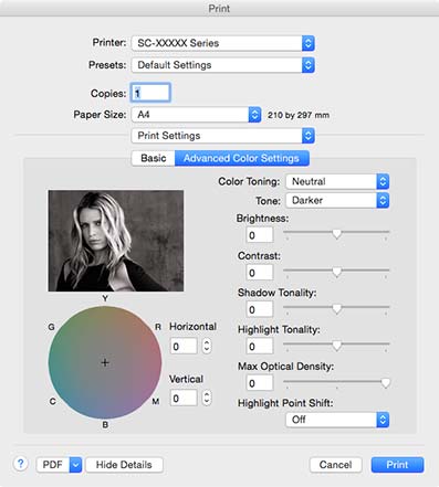 Možnosti tisku C D E Klepněte na tlačítko Advanced Color Settings (Rozšířené nastavení barev). Proveďte potřebná nastavení.