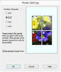 Možnosti tisku C Na obrazovce Poster Settings (Nastavení plakátu) vyberte počet stránek, ze kterých má být plakát složen.