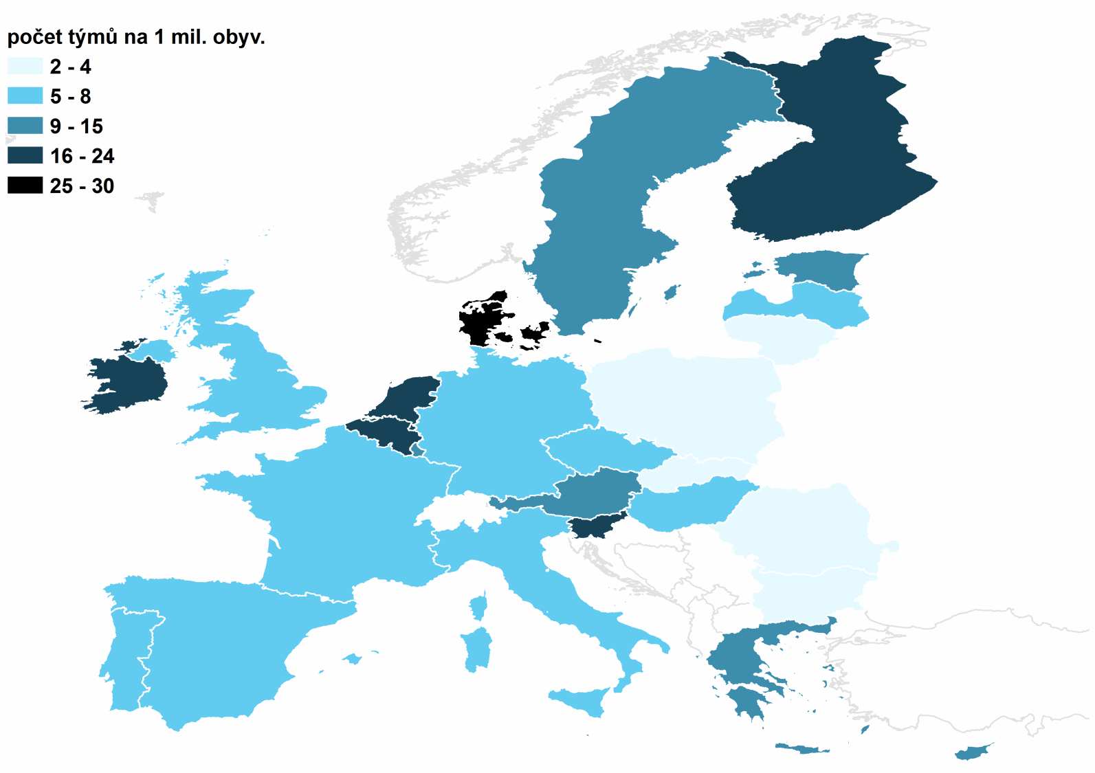 Účast EU 27 v KBBE dle počtu týmů na 1. mil. obyv.