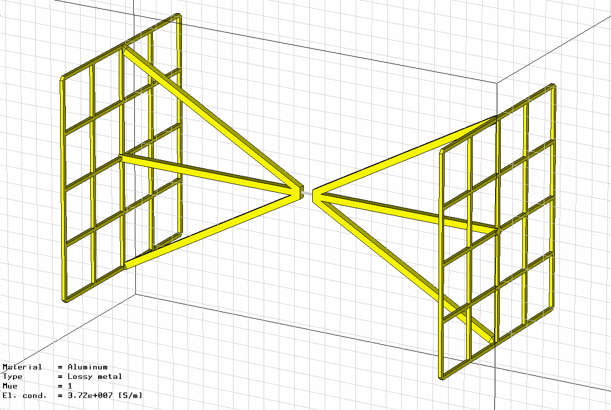 3.4. Bikónická anténa modifikace kapacitním prodloužením Tato modifikace je hojně využívána, protože zkracuje reálnou délku antény tím, že na koncích bikónické antény se vytvoří vodivé síto, které