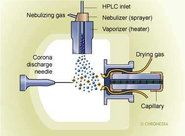 MS - iontový zdroj a ionizační technika APCI (Chemická ionizace za atmosferického tlaku) V proudu dusíku za zvýšené teploty dojde k tvorbě spreje a vypařování látky i mobilní fáze.