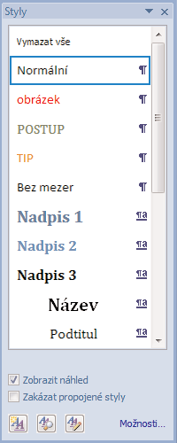 Plovoucí okno s aktuálními styly dokumentu Chcete li některému odstavci přiřadit styl, stačí jej označit a klepnout na požadovaný styl v okně Styly.