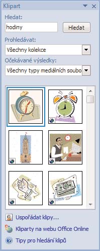 1. Přepněte se na kartu Vložení. 2. Klepněte na tlačítko Klipart ve skupině Ilustrace. V levé části obrazovky se objeví ukotvené plovoucí okno Klipart. 3.