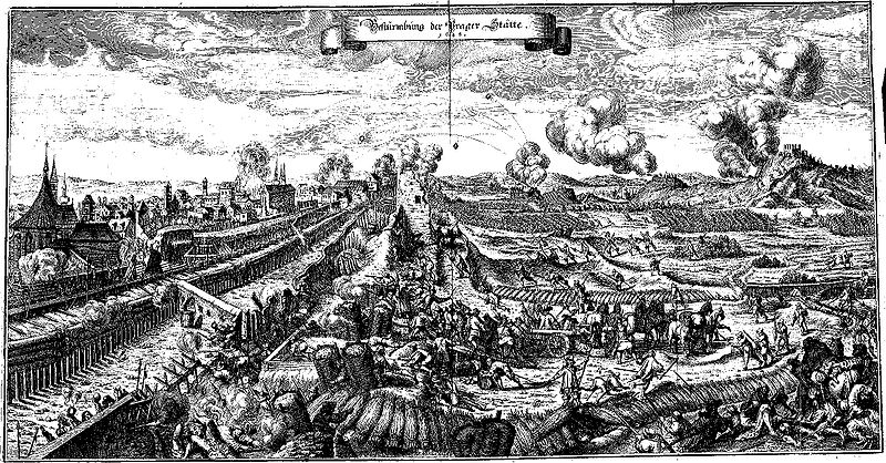 Obléhání Prahy na rytině z Theatrum Europaeum na podkladě kresby