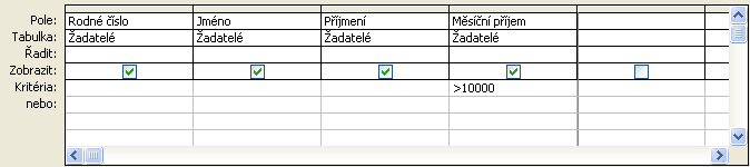 Definování dotazu vloženým atributům se nadefinuje podmínka v řádku Kritéria ve sloupci pod vyhodnocovaným atributem