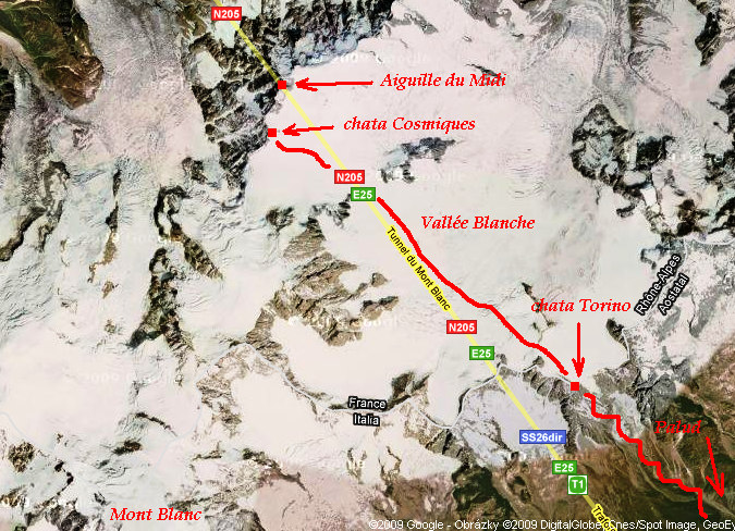 Fotografie a mapy Mont Blanc pes chatu Torino a Cosmiques (verze B)