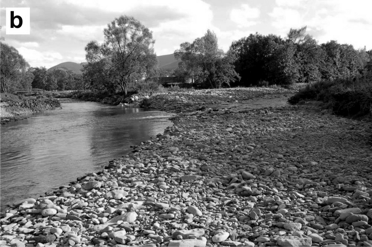 Obr. 3: Koryto řeky Morávky před prohrábkou v roce 2010 v úseku: a nad soutokem s řekou Mohelnicí; b pod soutokem s řekou Mohelnicí; lokalizace fotografovaných oblastí je znázorněna na obr. 1. Fig.