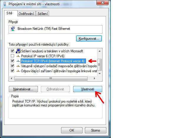 Připojení k místní síti - Vlastnosti Výběrem položky Protokol sítě Internet (TCP/IP) a následným kliknutím na tlačítku Vlastnosti