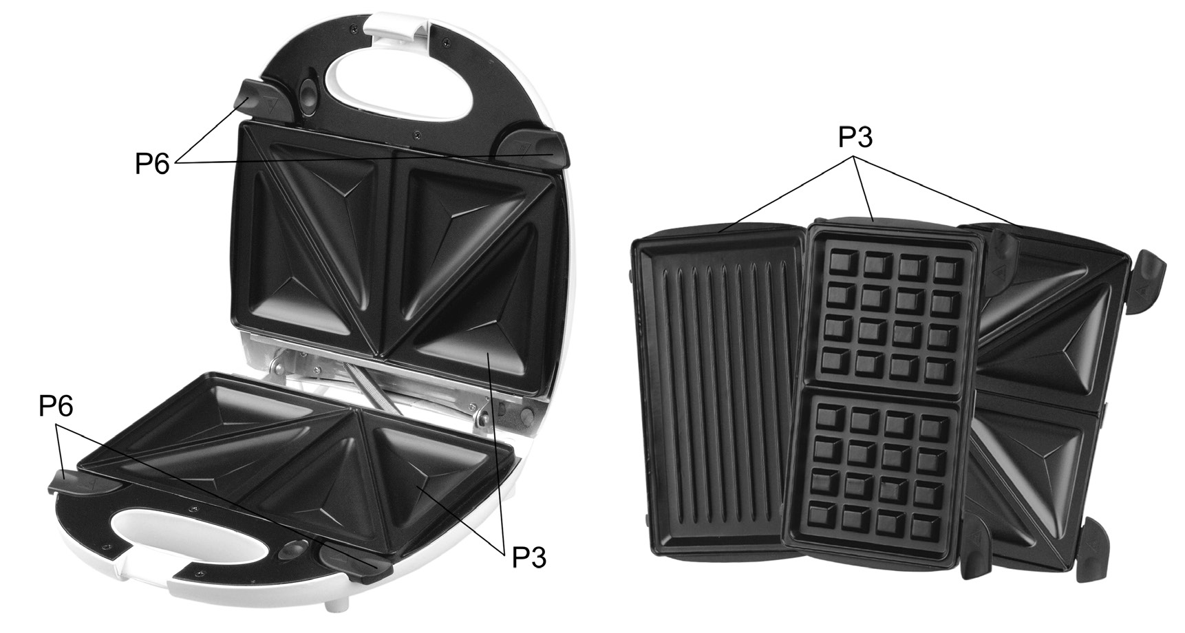 Popis ovládacích prvkov P1 P2 P3 P4 P5 P6 Kontrolka dosiahnutia teploty Kontrolka prevádzky Výmenné plochy na pečenie (na sendviče, wafle a grilovacia plocha) Rukoväť Spona Tlačidlá pre uvoľnenie