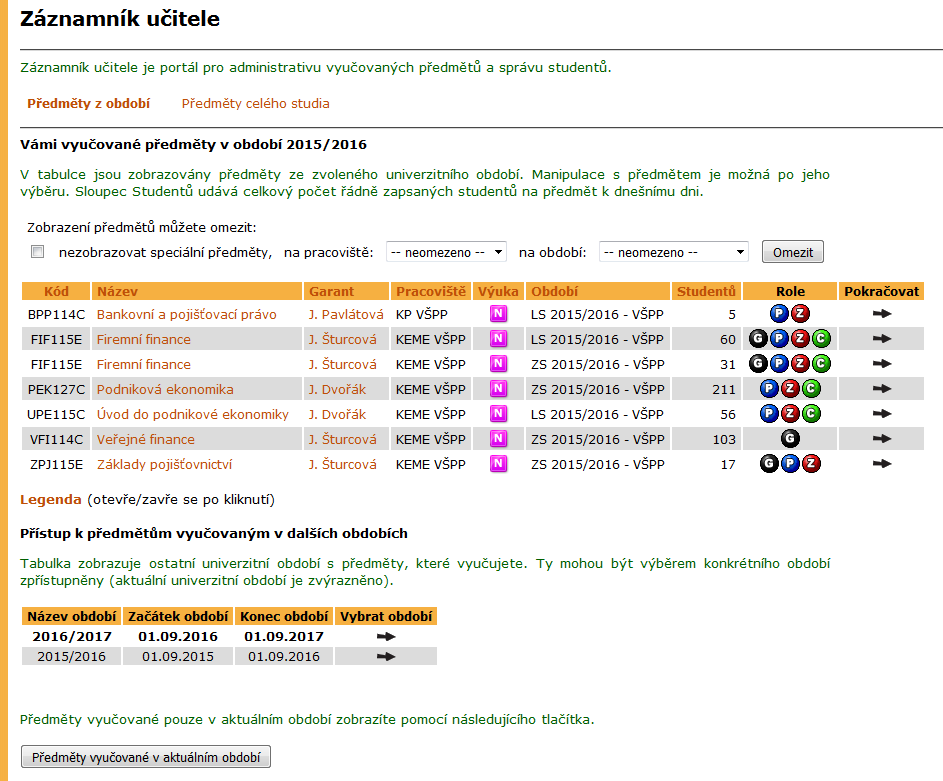 2 ZÁZNAMNÍK UČITELE Obrázek 2 Záznamník učitele mět ve zvoleném intervalu). V opačném případě se bude pracovat s celým předmětem. Aktuální interval je zvýrazněn.