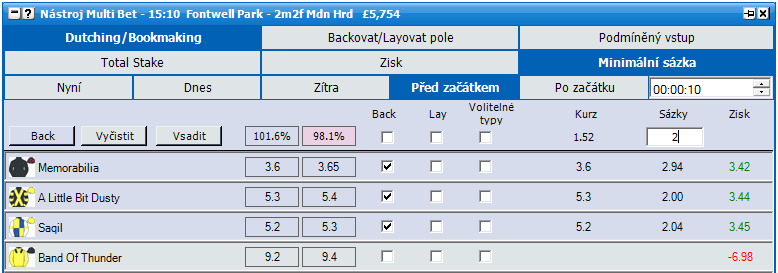 Částečné sázky Při volbách Backovat/Layovat pole a Podmíněný vstup je možnost podávat částečné sázky pomocí dvou rolovatelných menu Části a Každých. Části počet částí, na které se sázka rozdělí.