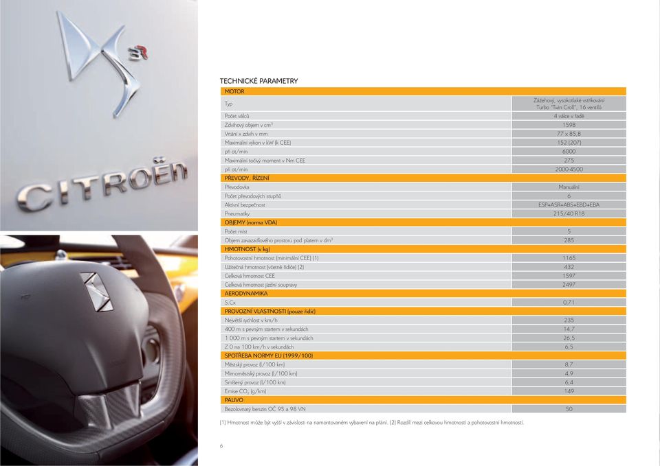 Pneumatiky 215/40 R18 OBJEMY (norma VDA) Počet míst 5 Objem zavazadlového prostoru pod platem v dm 3 285 HMOTNOST (v kg) Pohotovostní hmotnost (minimální CEE) (1) 1165 Užitečná hmotnost (včetně