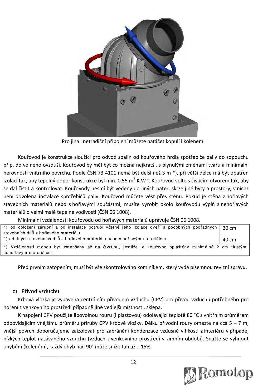 Podle ČSN 73 4101 nemá být delší než 3 m *), při větší délce má být opatřen izolací tak, aby tepelný odpor konstrukce byl min. 0,55 m 2.K.W 1.