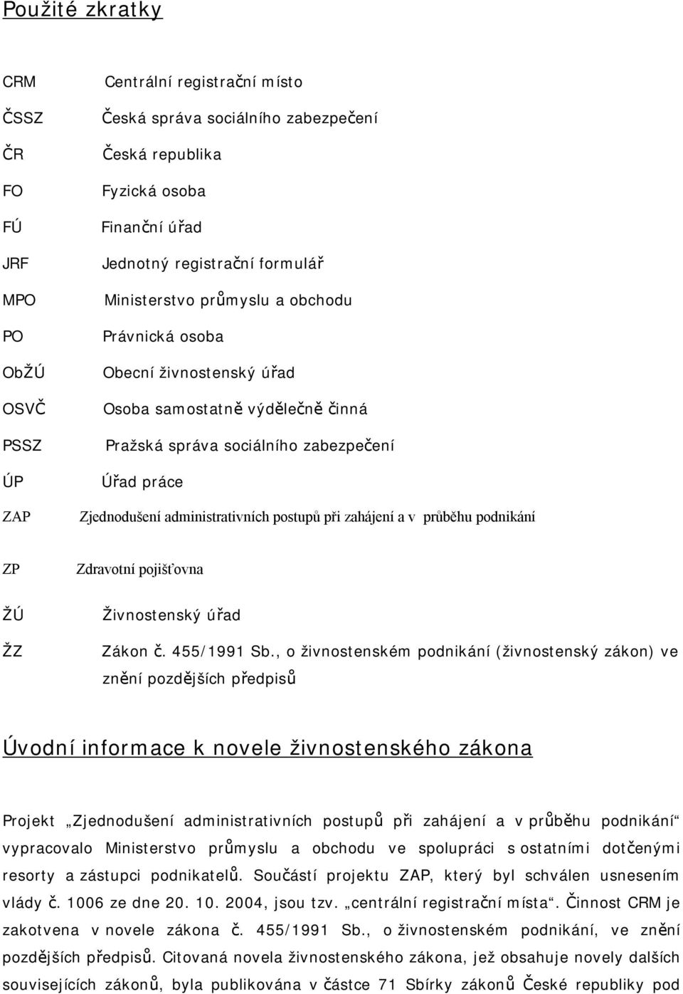 postupů při zahájení a v průběhu podnikání ZP Zdravotní pojišťovna ŽÚ ŽZ Živnostenský úřad Zákon č. 455/1991 Sb.