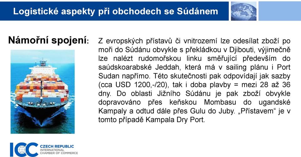 Sudan napřímo. Této skutečnosti pak odpovídají jak sazby (cca USD 1200,-/20), tak i doba plavby = mezi 28 až 36 dny.