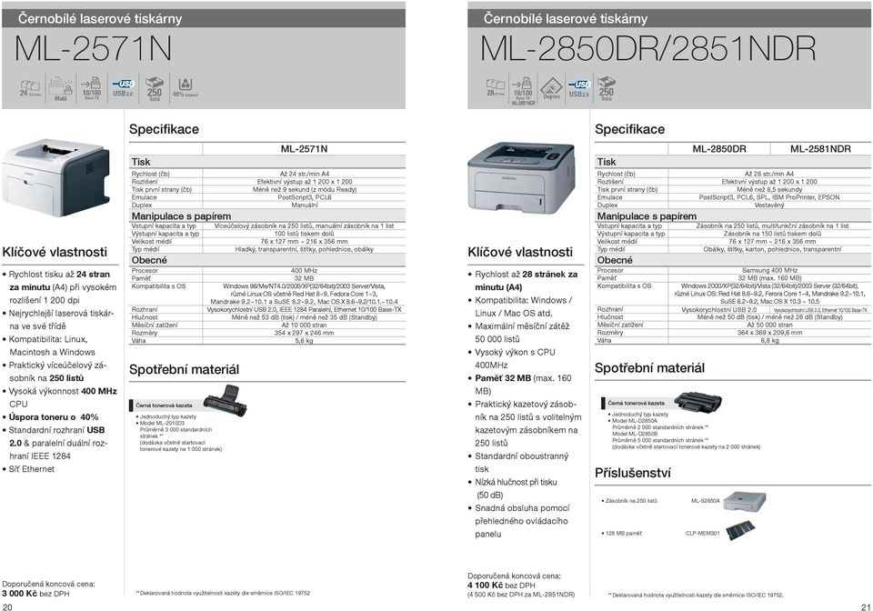0 & paralelní duální rozhraní IEEE 1284 Síť Ethernet první strany (čb) Model ML-2010D3 Průměrně 3 000 standardních stránek ** tonerové kazety na 1 000 stránek) ML-2571N Až 24 str.