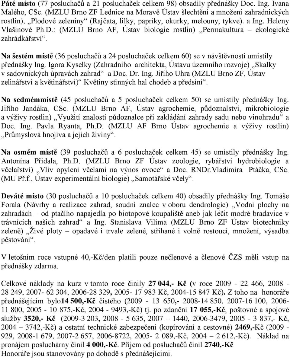 : (MZLU Brno AF, Ústav biologie rostlin) Permakultura ekologické zahrádkářství. Na šestém místě (36 posluchačů a 24 posluchaček celkem 6) se v návštěvnosti umístily přednášky Ing.