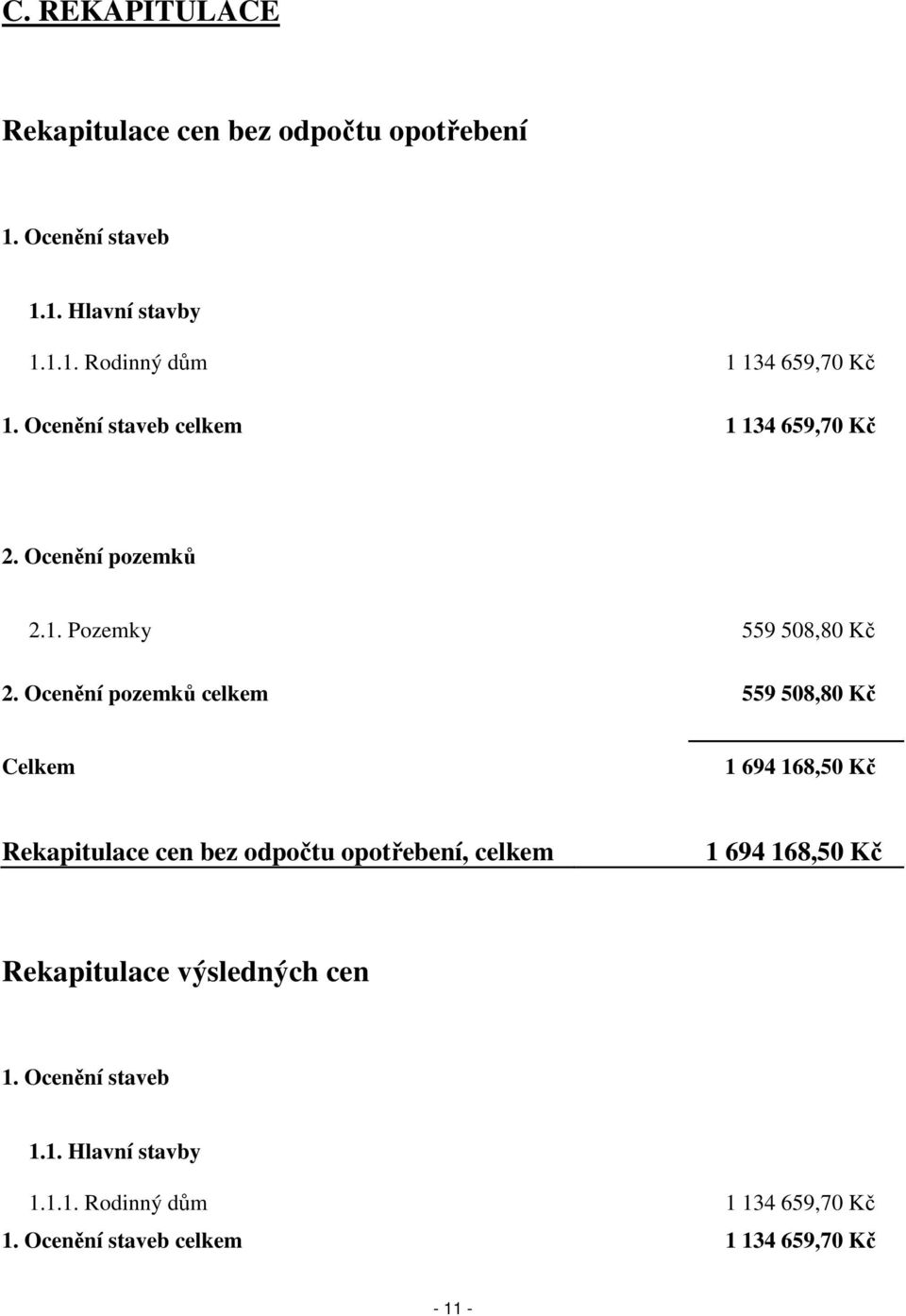 Ocenění pozemků celkem 559 508,80 Kč Celkem 1 694 168,50 Kč Rekapitulace cen bez odpočtu opotřebení, celkem 1 694 168,50