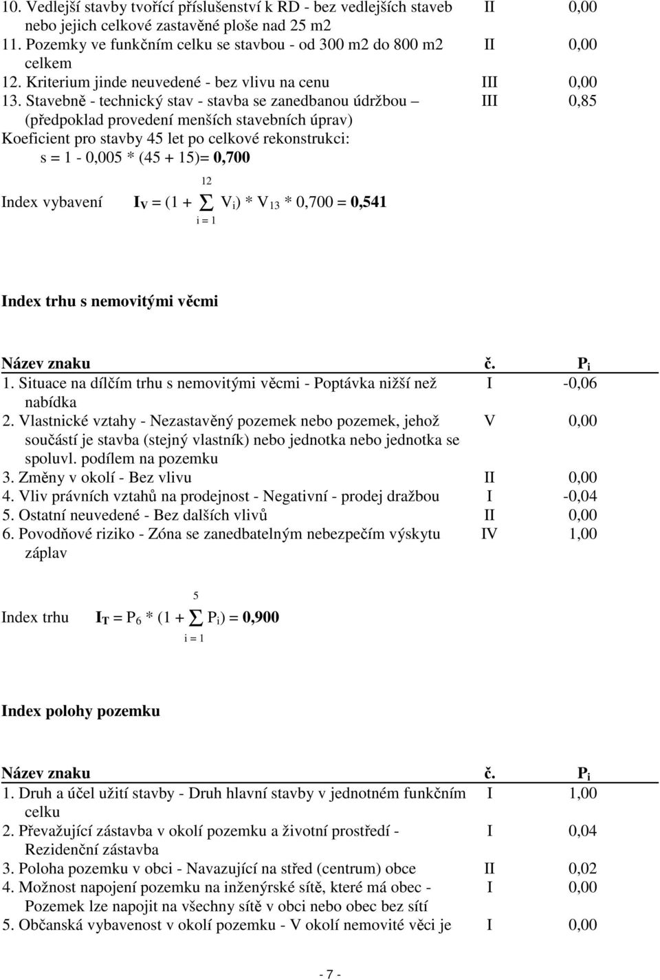 Stavebně - technický stav - stavba se zanedbanou údržbou III 0,85 (předpoklad provedení menších stavebních úprav) Koeficient pro stavby 45 let po celkové rekonstrukci: s = 1-0,005 * (45 + 15)= 0,700
