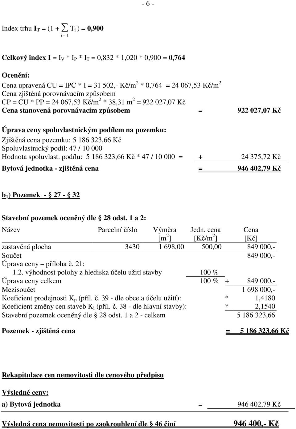 Zjištěná cena pozemku: 5 186 323,66 Kč Spoluvlastnický podíl: 47 / 10 000 Hodnota spoluvlast.