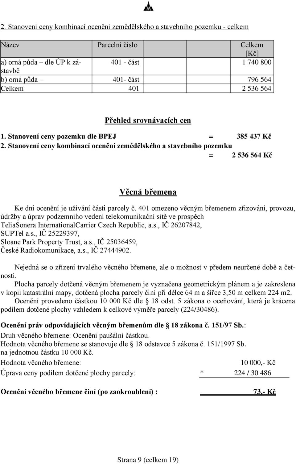 Stanovení ceny kombinací ocenění zemědělského a stavebního pozemku = 2 536 564 Kč Věcná břemena Ke dni ocenění je užívání části parcely č.