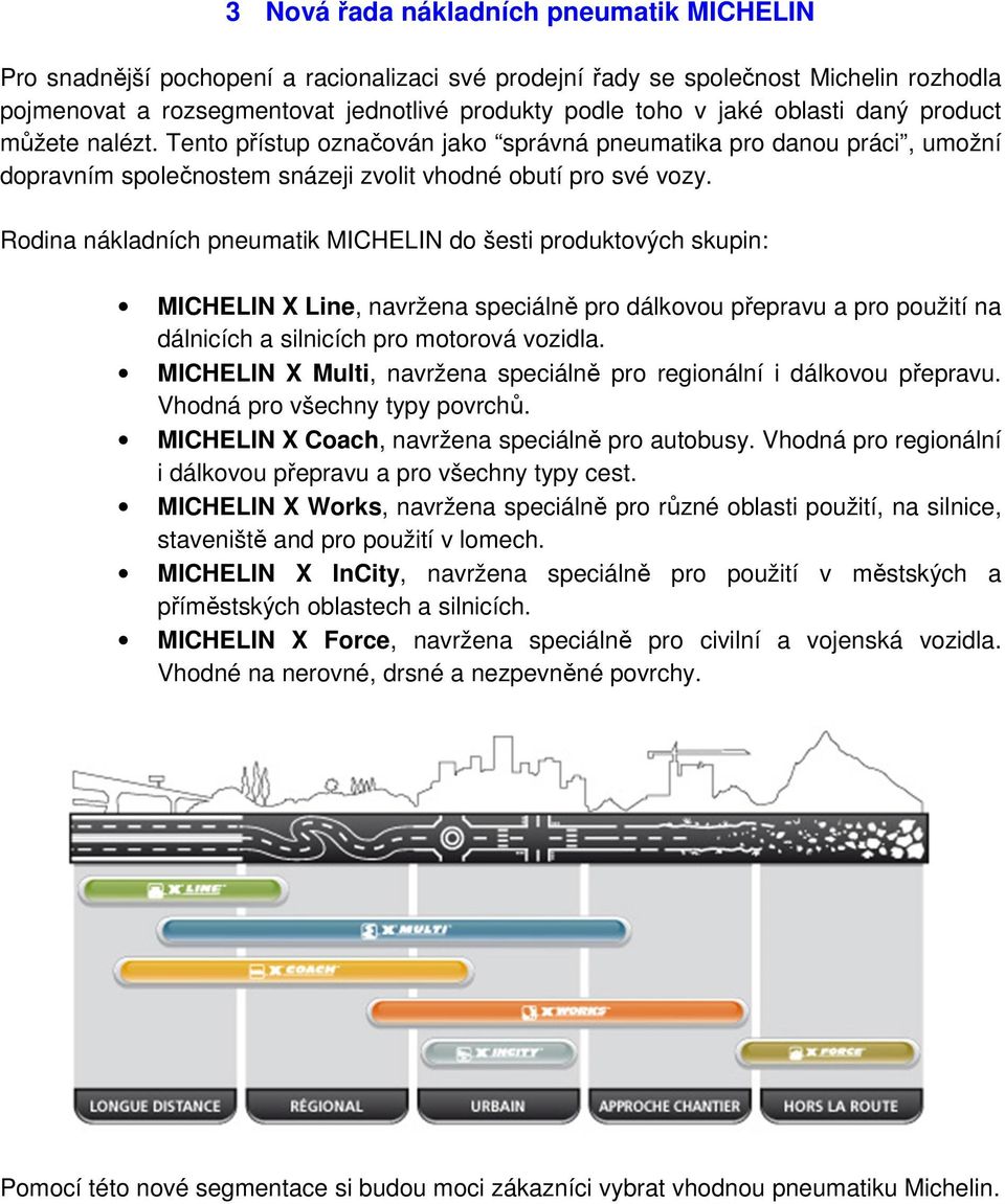 Rodina nákladních pneumatik MICHELIN do šesti produktových skupin: MICHELIN X Line, navržena speciálně pro dálkovou přepravu a pro použití na dálnicích a silnicích pro motorová vozidla.