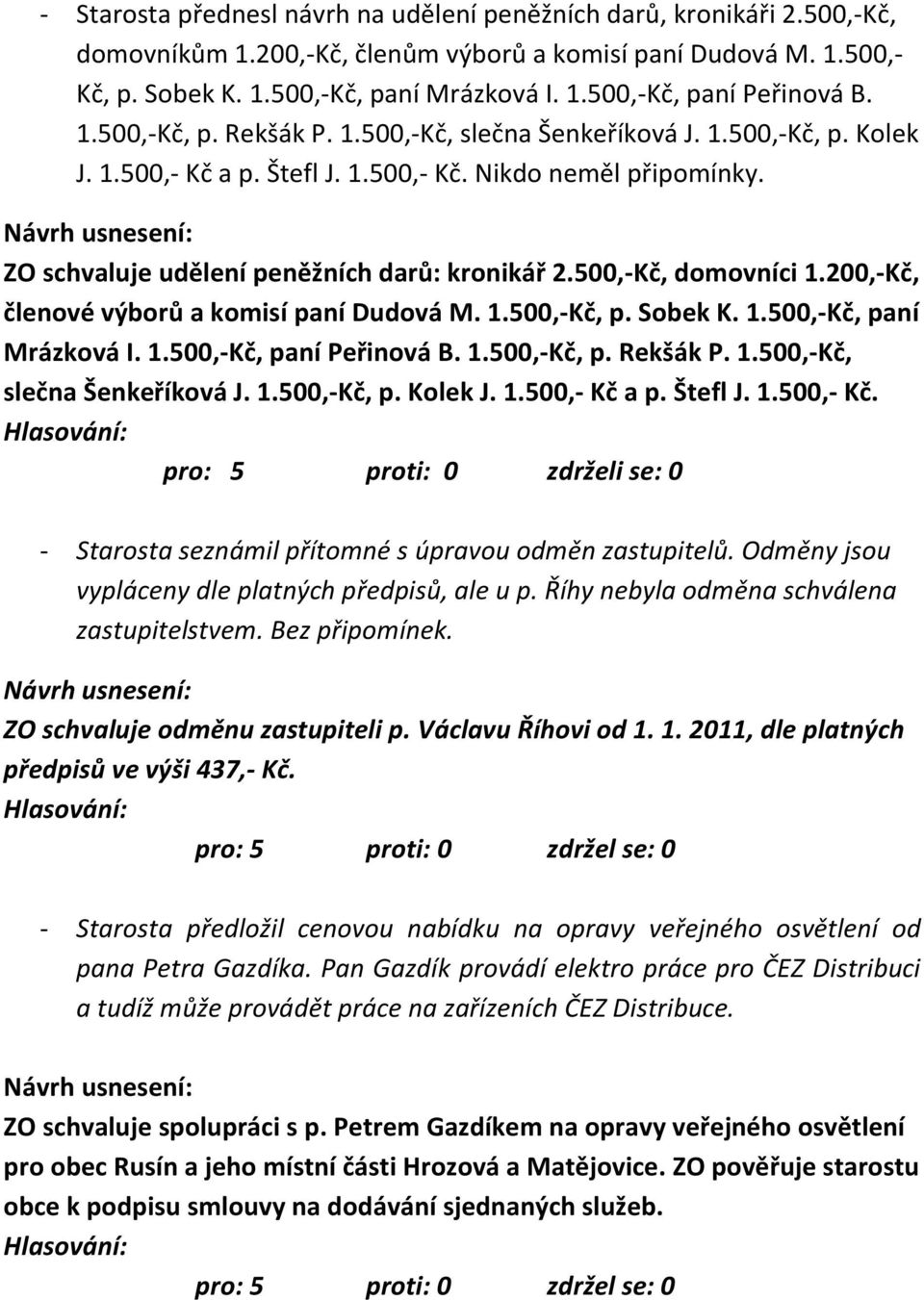 500,-Kč, domovníci 1.200,-Kč, členové výborů a komisí paní Dudová M. 1.500,-Kč, p. Sobek K. 1.500,-Kč, paní Mrázková I. 1.500,-Kč, paní Peřinová B. 1.500,-Kč, p. Rekšák P. 1.500,-Kč, slečna Šenkeříková J.