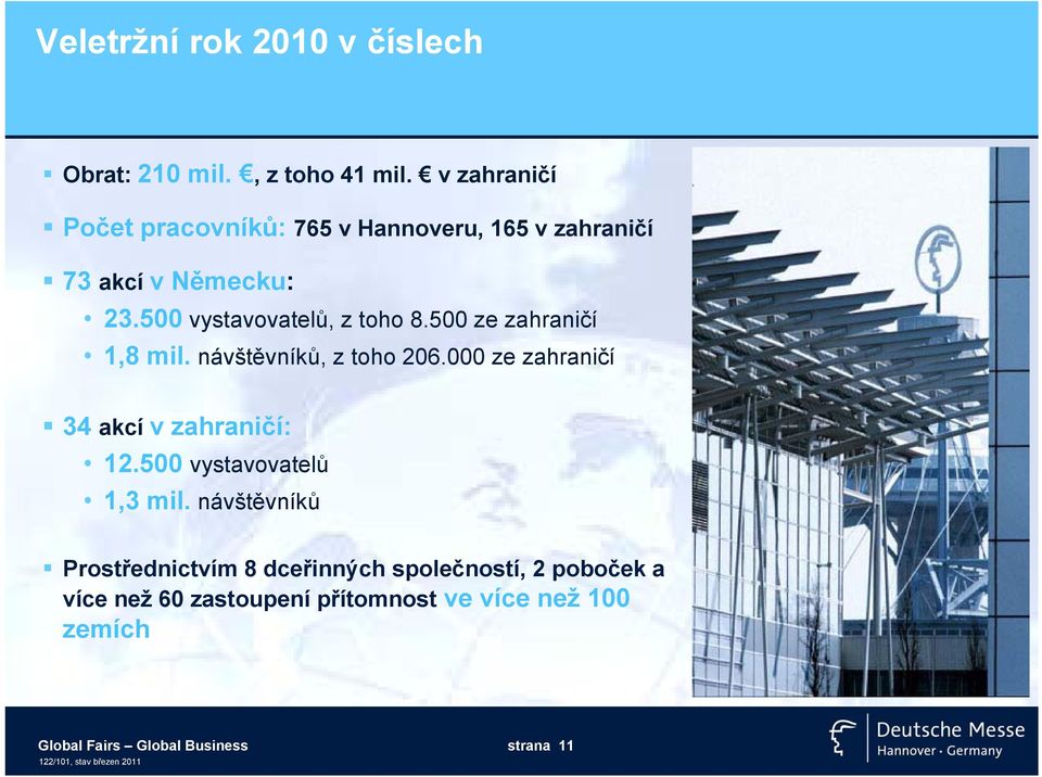 500 ze zahraničí 1,8 mil. návštěvníků, z toho 206.000 ze zahraničí 34 akcí v zahraničí: 12.