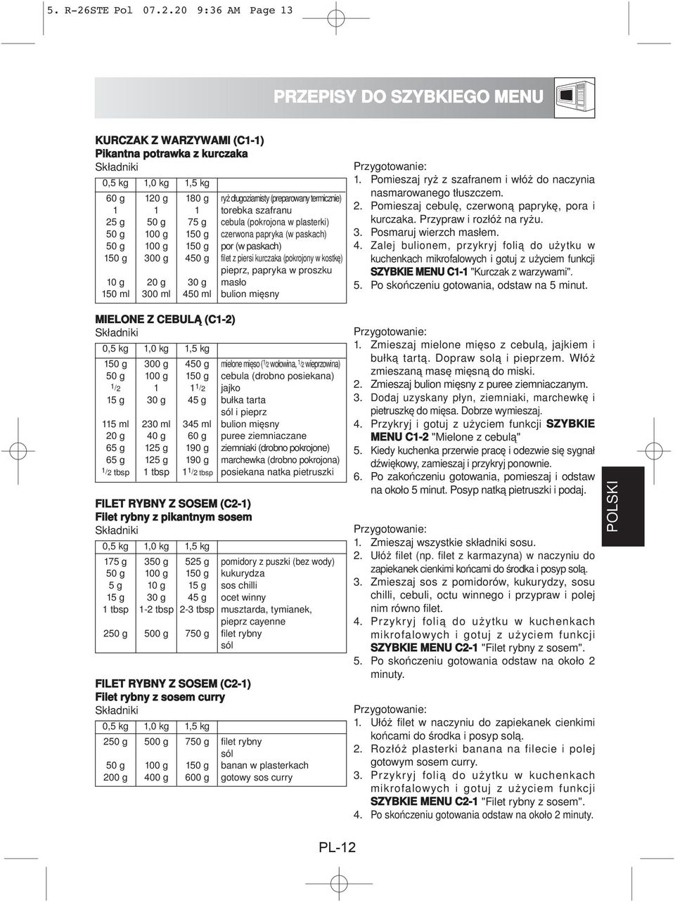 20 9:36 AM Page 13 DŮLEŽITÁ BEZPEČNOSTNÍ OPATŘENÍ PRZEPISY DO SZYBKIEGO MENU KURCZAK Z WARZYWAMI (C1-1) Pikantna potrawka z kurczaka Składniki 0,5 kg 1,0 kg 1,5 kg 60 g 120 g 180 g ryż długoziarnisty